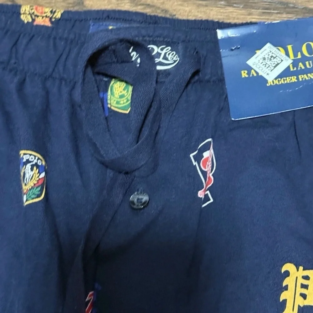 New Polo Ralph Lauren Pep Rally Varsity Logo Print Pajama Jogger Pants Navy L